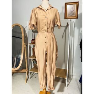 Boutique One Piece Beige Short Sleeve Button Down Jumpsuit
